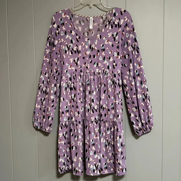 PAISLEY GRACE Lavender Abstract Floral Print Long Sleeve Tiered Dress Size M - Picture 1 of 4